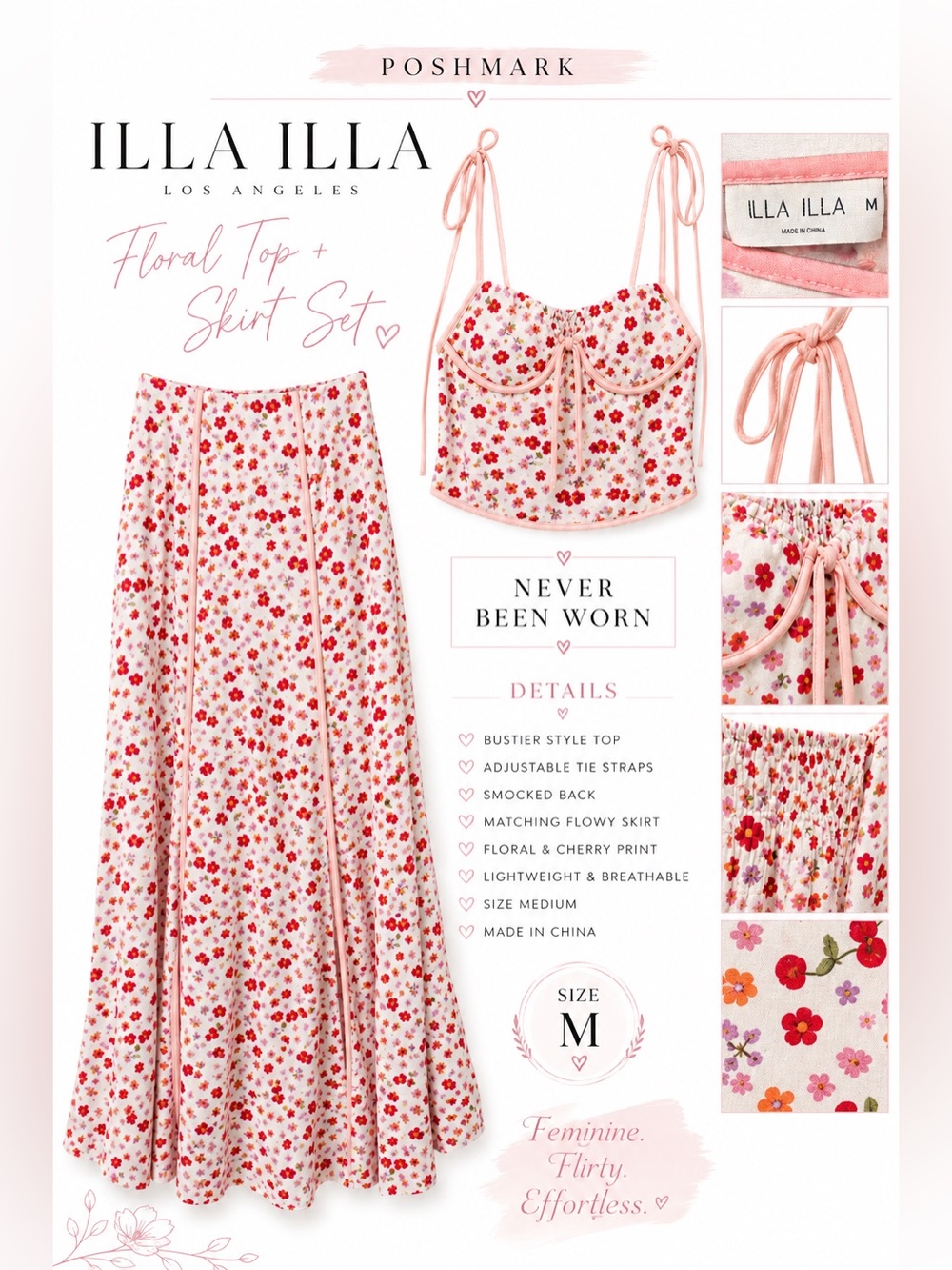 ILLA ILLA Pink & Red Floral Bustier Top and Matching Skirt Set Size - M